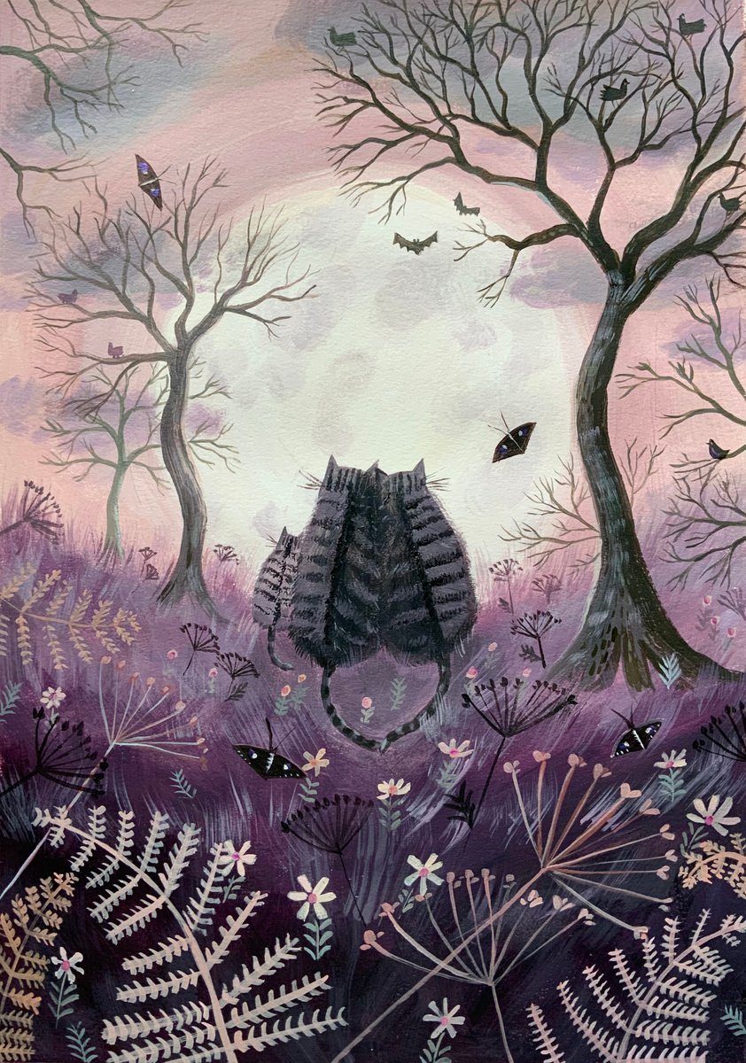 Impressionistic Animal Acrylic Painting By Mary Stubberfield, 11 X 15", Halloween Cats, Original Artwork