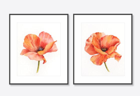 Red flowers, poppy painting, floral set of 2