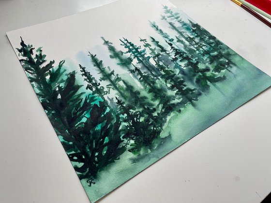 Pine Tree Art, Original Watercolor Painting, Forest Artwork, Mountain Wall Art, Christmas Gift