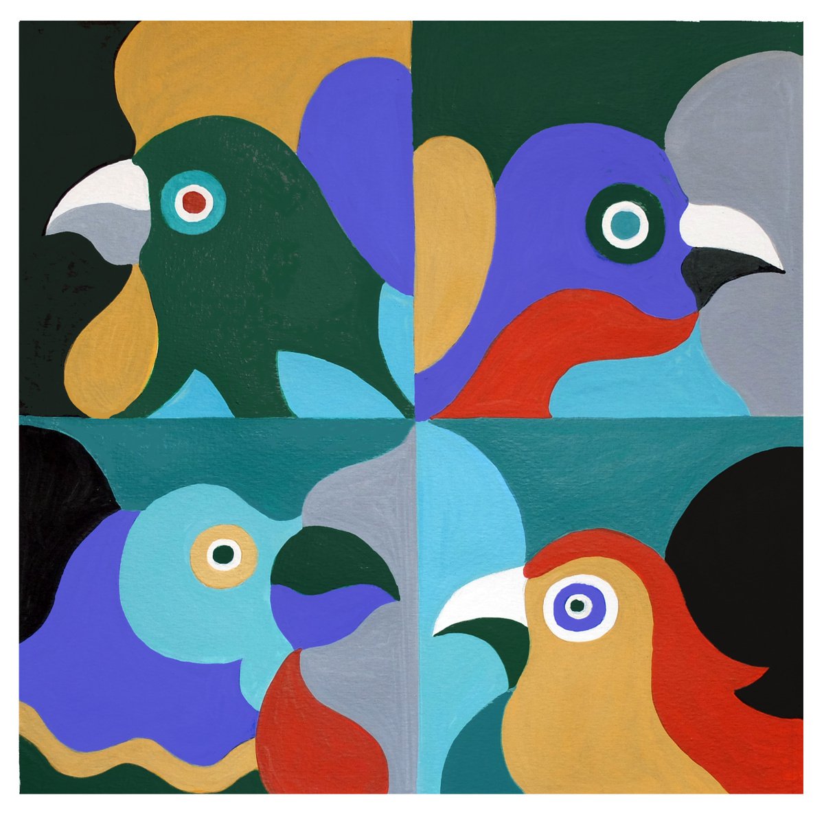Graphic Acrylic Painting , Roosters_Heads-Haiti-01 By Andre Baldet, 13 X 13, Artwork For Sale On Artfinder