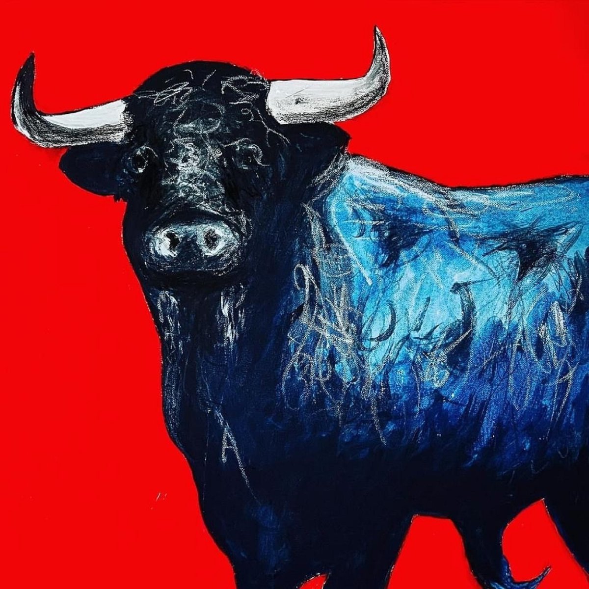 Expressive Animal Painting By Shabs Beigh, 24 X 24", Young Bull, Original Artwork