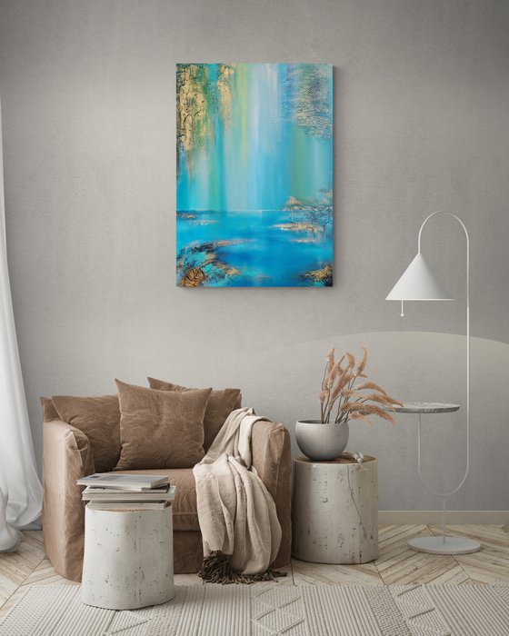 A XL large semi-abstract beautiful structured mixed media painting of a lake "Under the willow"