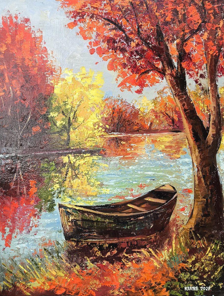 Impressionistic Landscape Oil Painting By Karine Harutyunyan, 12 X 16", Autumn Tranquility, Original Artwork