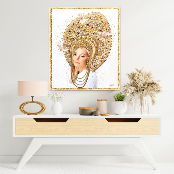 Queen with jewelry crown. Folk art mixed media photo collage with precious stones, rhinestones