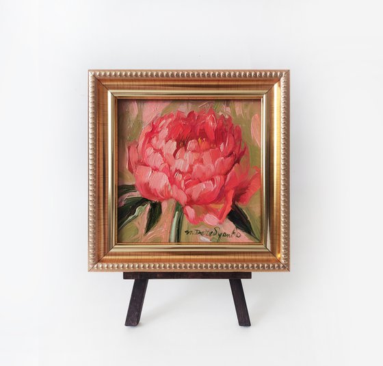 Coral peony flowers painting framed small art, Oil painting original of flowers