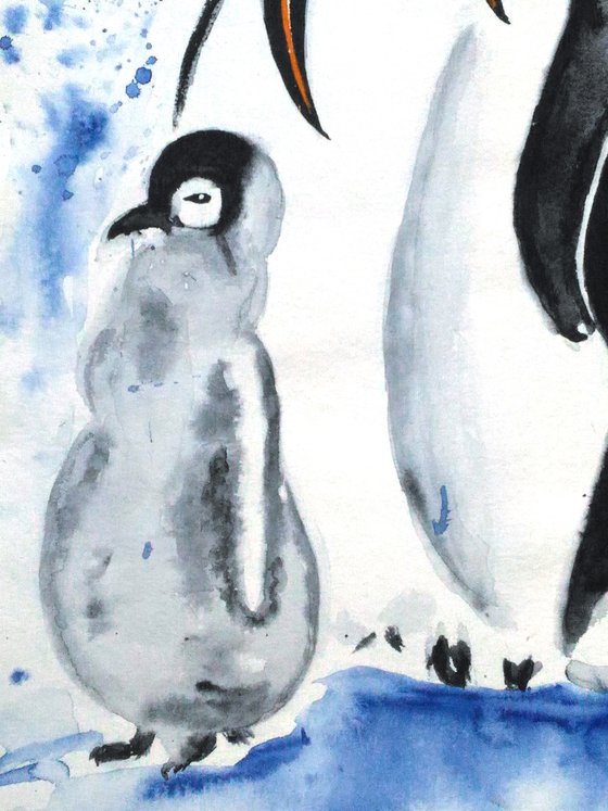 Penguin Painting Animal Original Art Wildlife Watercolor Artwork Baby Penguin Family Home Wall Art 8 by 12" by Halyna Kirichenko