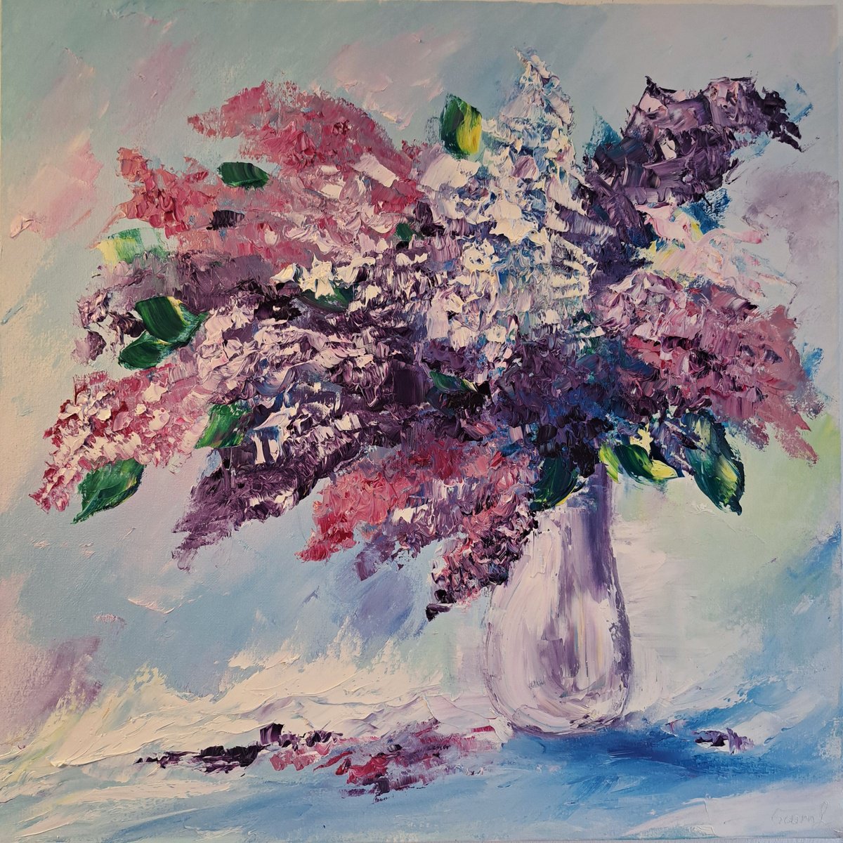 Impressionistic Botanical Oil Painting By Oksana Fedorova, 20 X 20", Lilac Flowers Still Life 2, Original Artwork