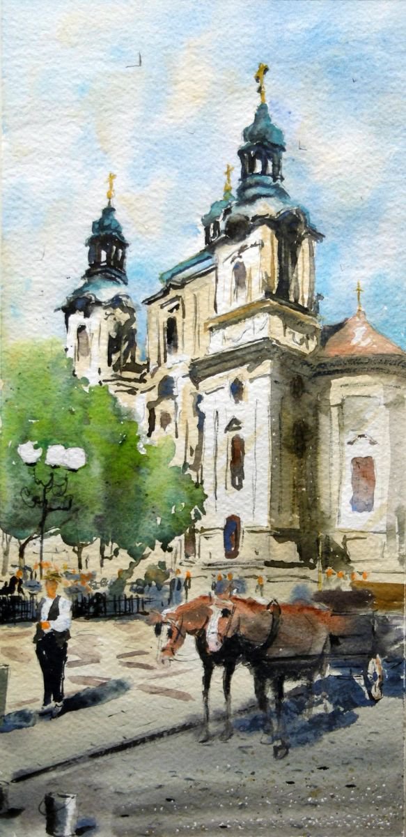 Horses before St. Nicholas Church Old Town Prague by Nenad Kojic watercolorist