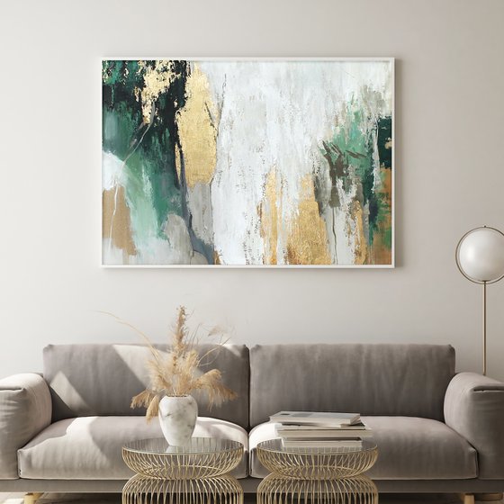 "Green Avalanche" Green gold abstract art