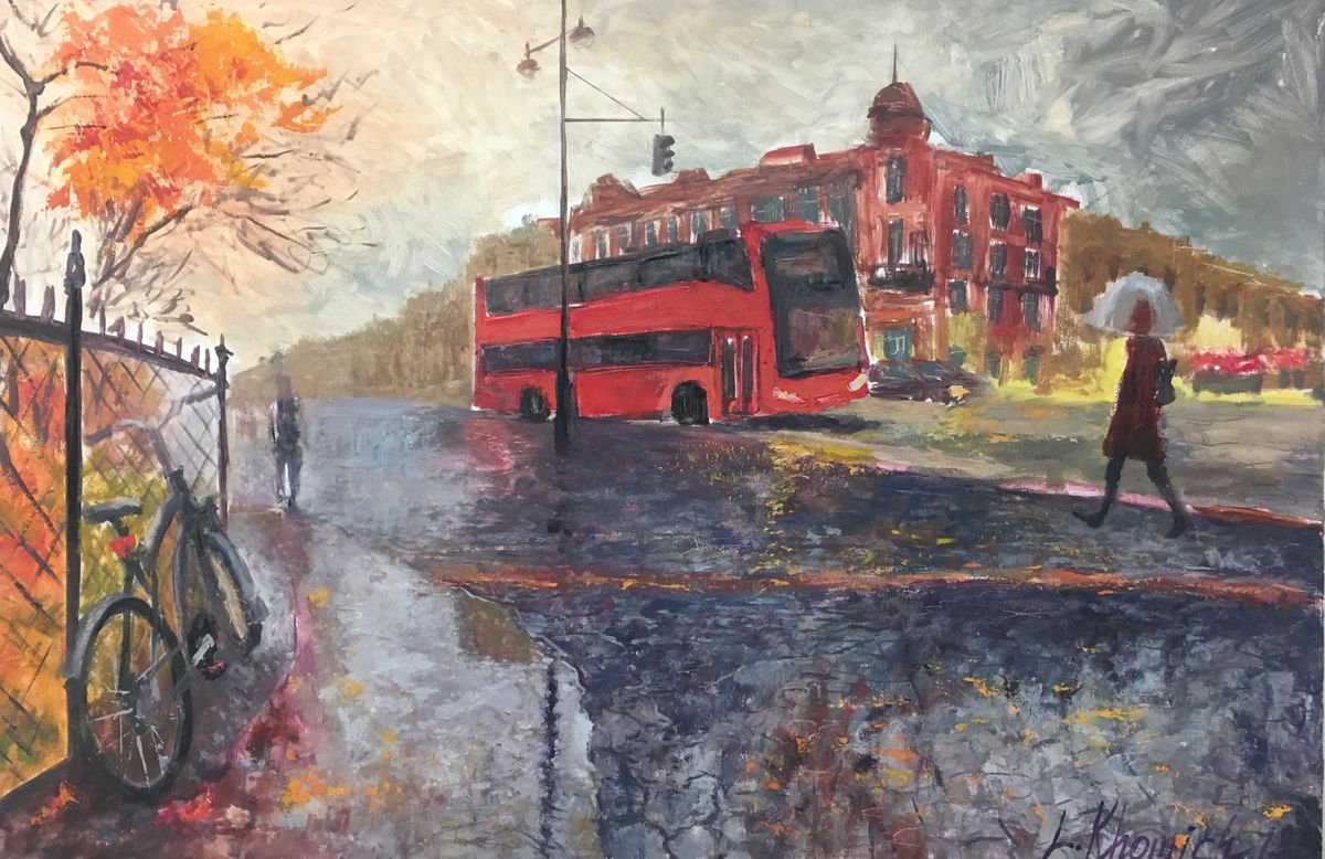 Red bus in the rainy day 60x90cm Contemporary Art by Leo Khomich