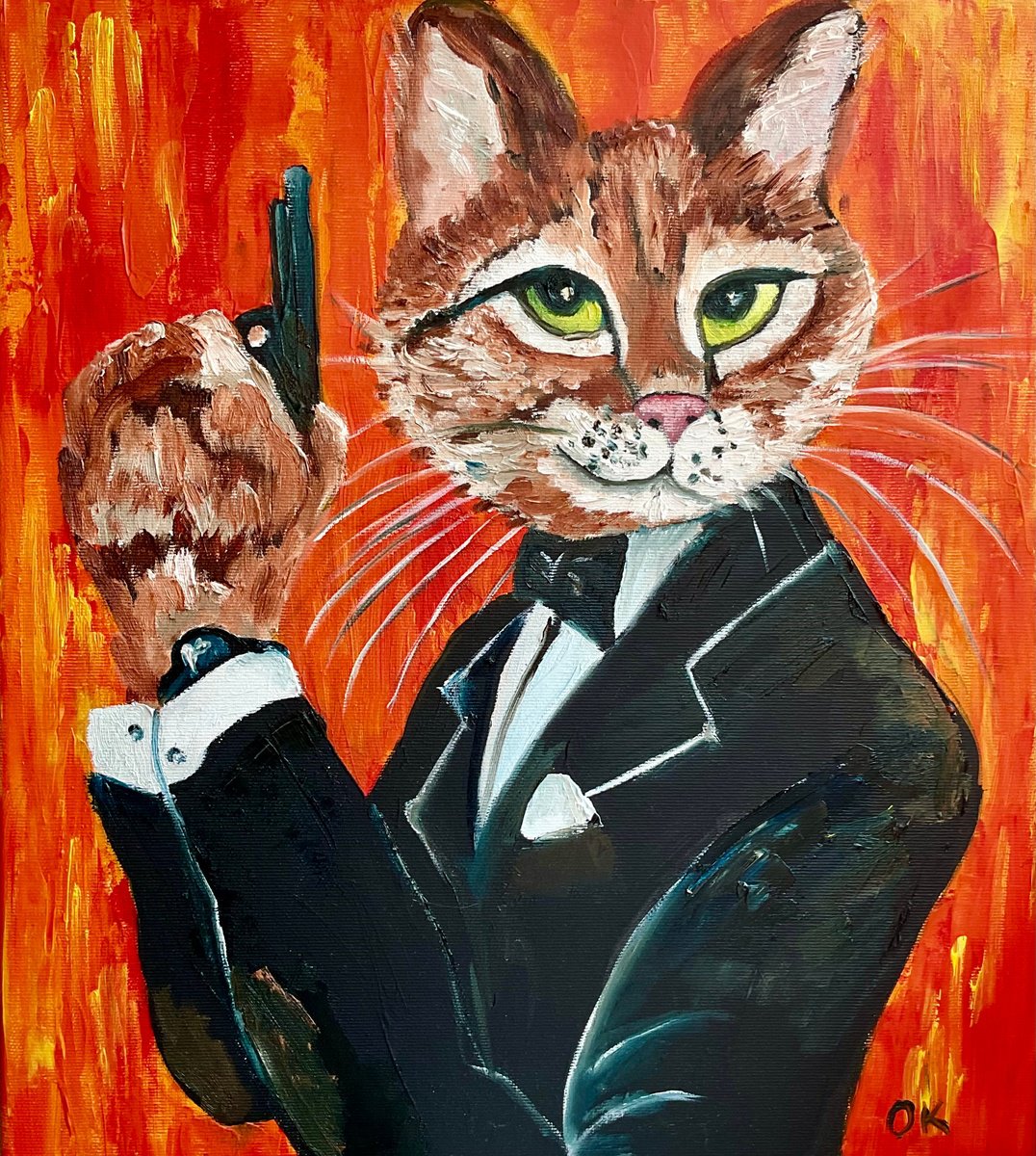 Impressionistic Animal Oil Painting By Olga Koval, 14 X 16", Cat James Bond, Original Artwork