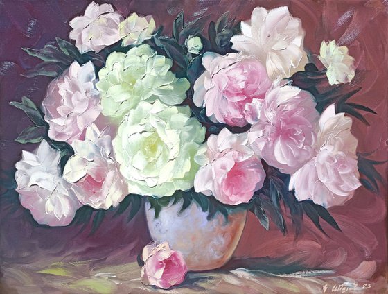 Peonies in vase (60x80cm, oil painting, palette knife)