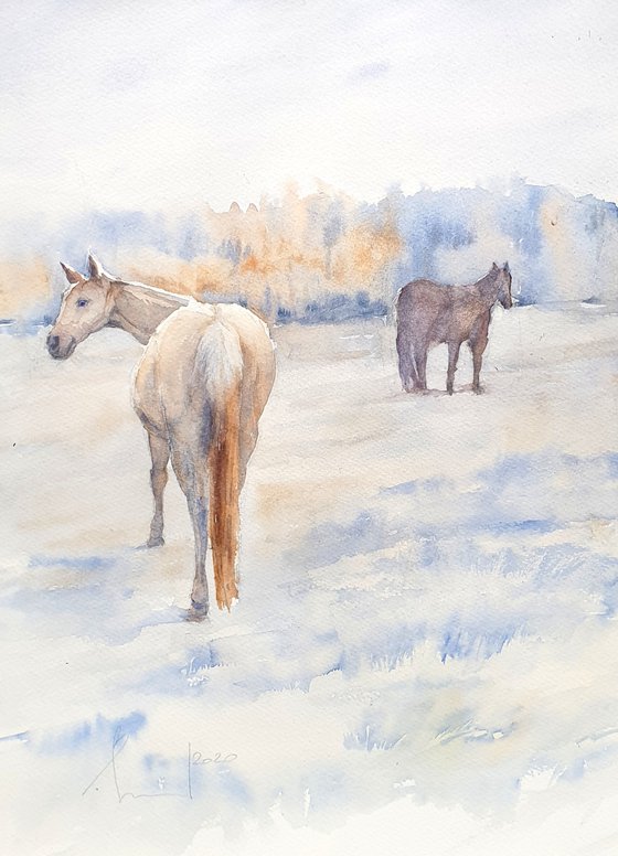 FROSTY AUTUMN 2020.055  original watercolour horses 40X30CM