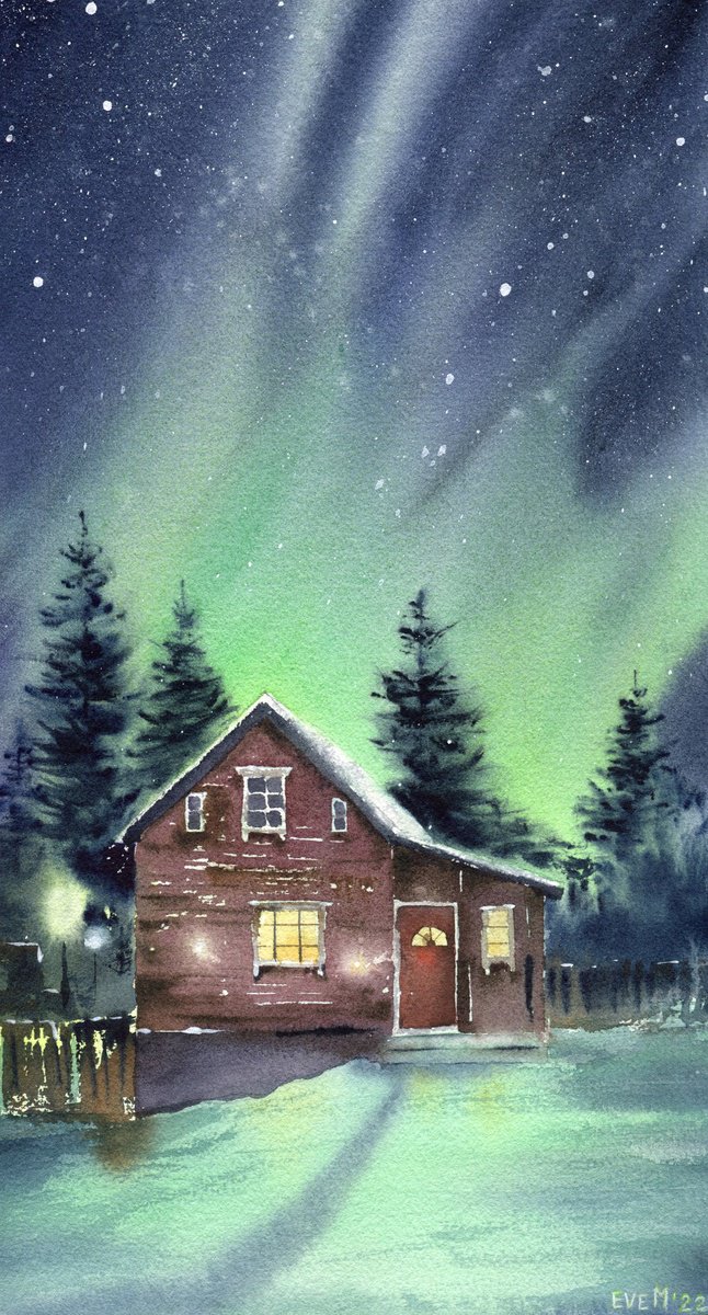 Somewhere at the end of the world. Winter northern landscape with northern lights. by Evgeniya Mokeeva