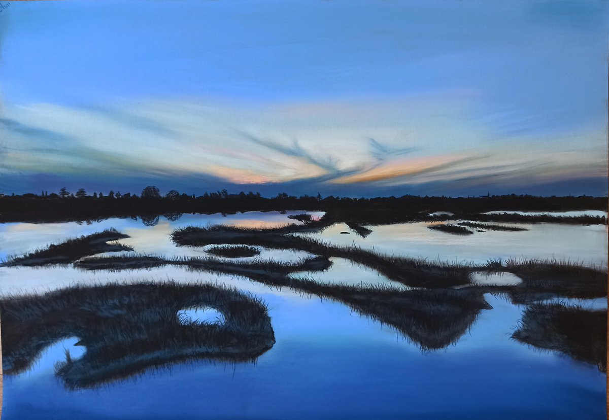 Photorealistic Landscape Pastel Drawing By Laura Muolo, 28 X 20", Blue Laguoon#3, Original Artwork