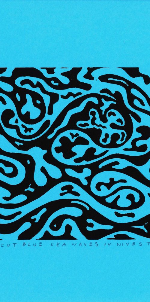 SEA WAVES IV linocut black on blue by Nives Palmić