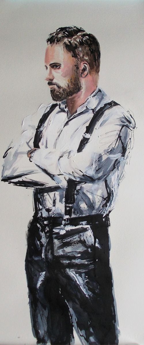 Modern Achilleas-Man Mixed Media Painting on Paper by Antigoni Tziora