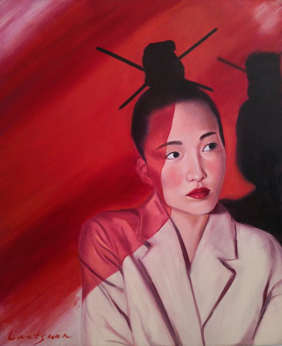 Japanese woman portrait in red colors