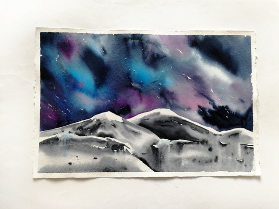 Northern Lights painting \Moutain range painting