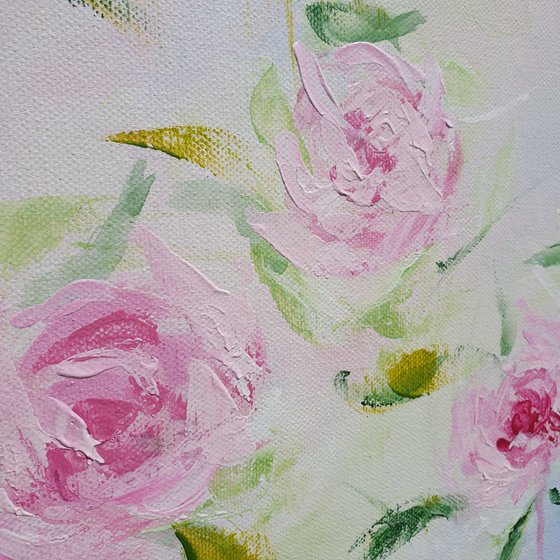 Trailing Roses Large Abstract Flower Painting 100x100cm 39x39" Modern Flower Painting Bedroom Decor Hotel Decor Pink and Greens Bright Artwork