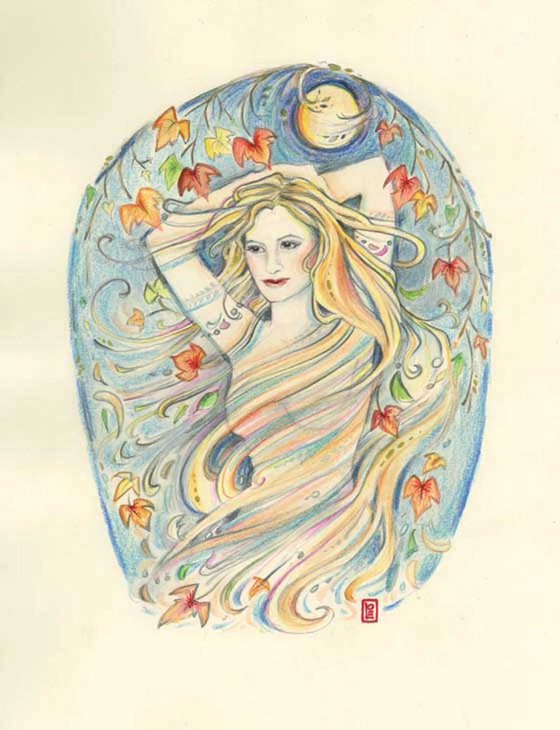 Moon Goddess Original watercolor painting by Liza Paizis in an Art Nouveau style