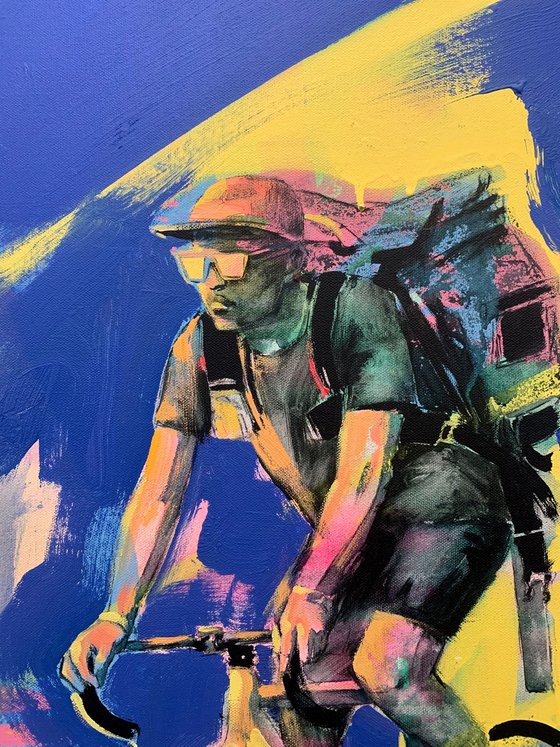 Bright big painting - "Young cyclist" - Urban Art - Pop Art - Bicycle - Street Art - City - Blue - Street scene