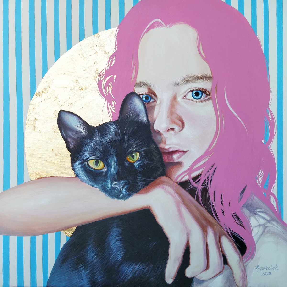 Portrait of a girl with a black cat by Lesja Rygorczuk