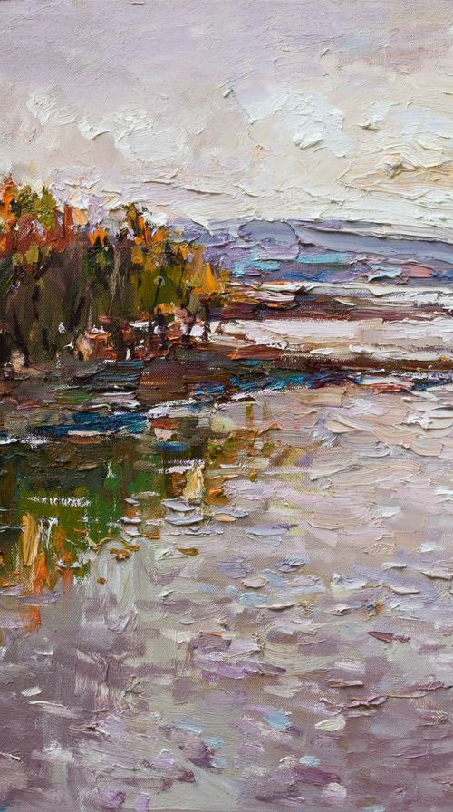 Lake at sunset - Landscape painting by Anastasiia Valiulina