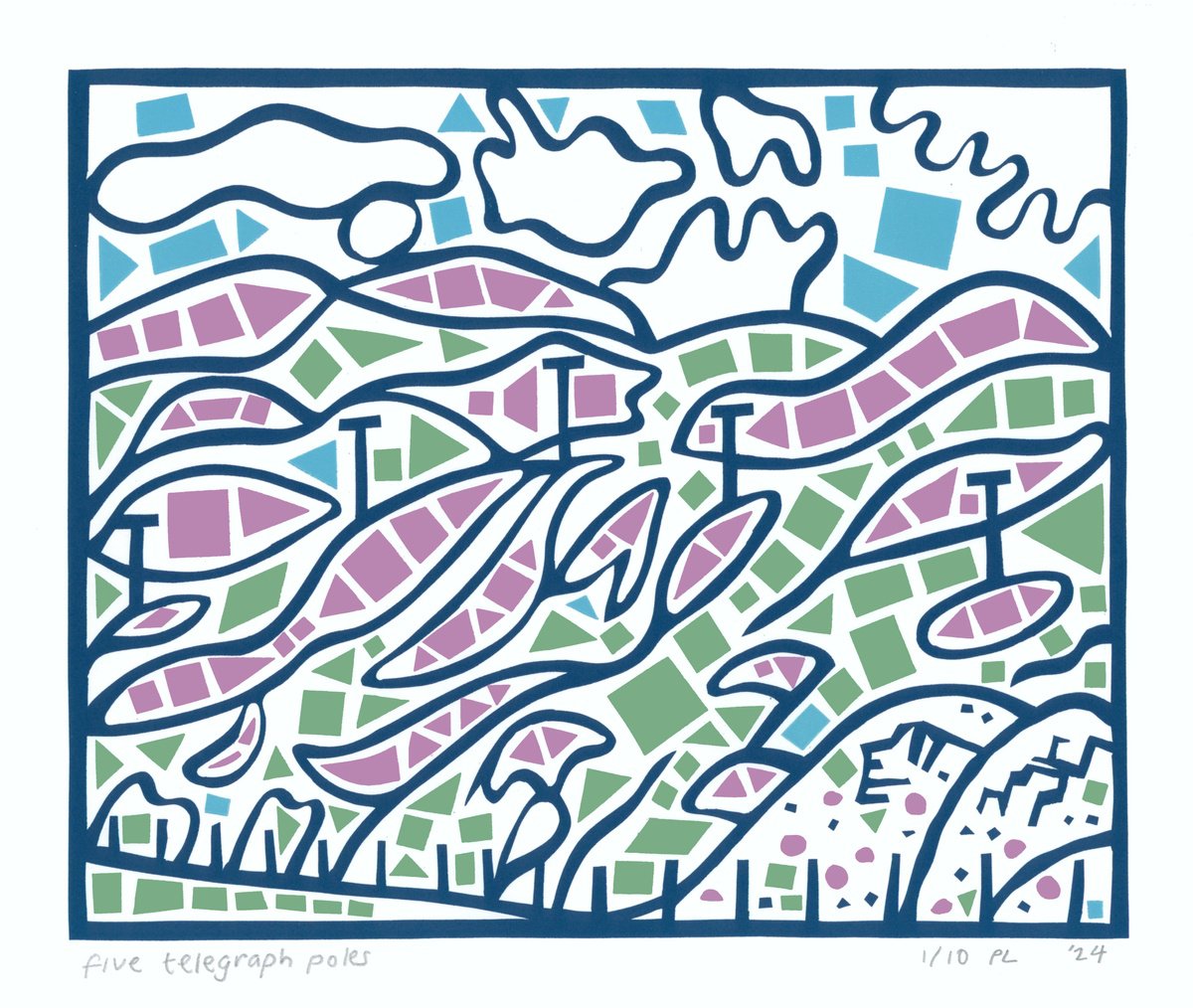 Graphic Landscape Print By Peter Long, 14 X 12", Five Telegraph Poles, Original Artwork