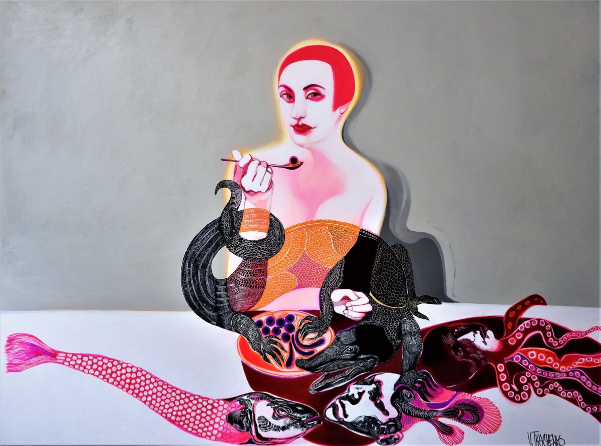 Organic Portrait Acrylic Painting By Victor Tkachenko, 48 X 36", Liquid Lunch, Original Artwork