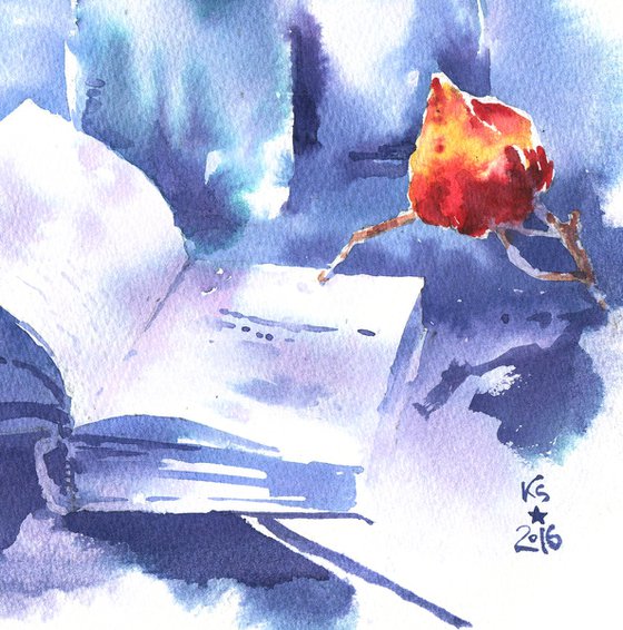 Still life with physalis branches and a book in the garden watercolor