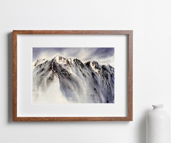 Snow in the Alps, Snowy Mountains Watercolour painting