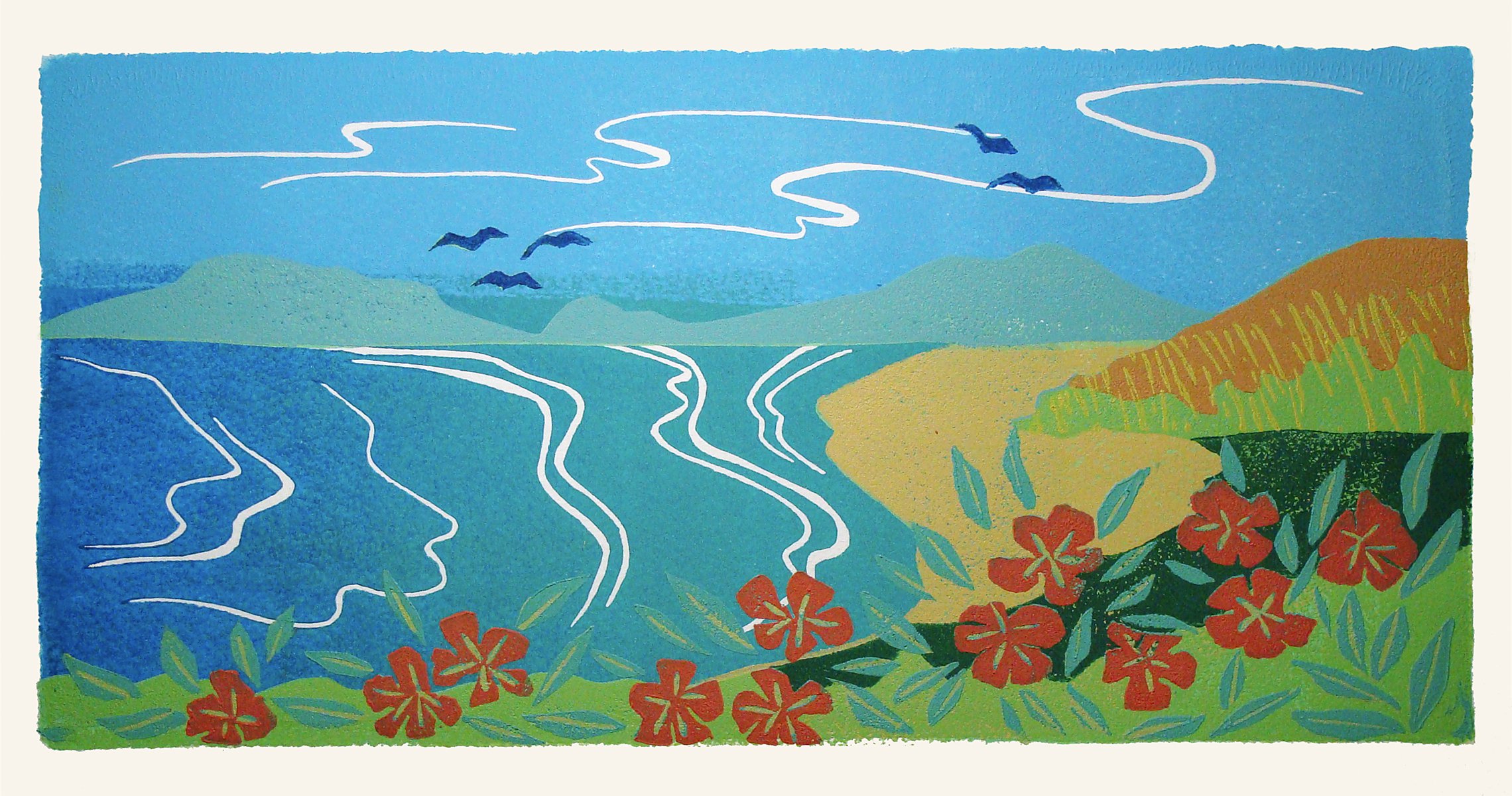Abstract Landscape Linocut By Angela Maher, 12 X 6, Endless Summer, Original Artwork