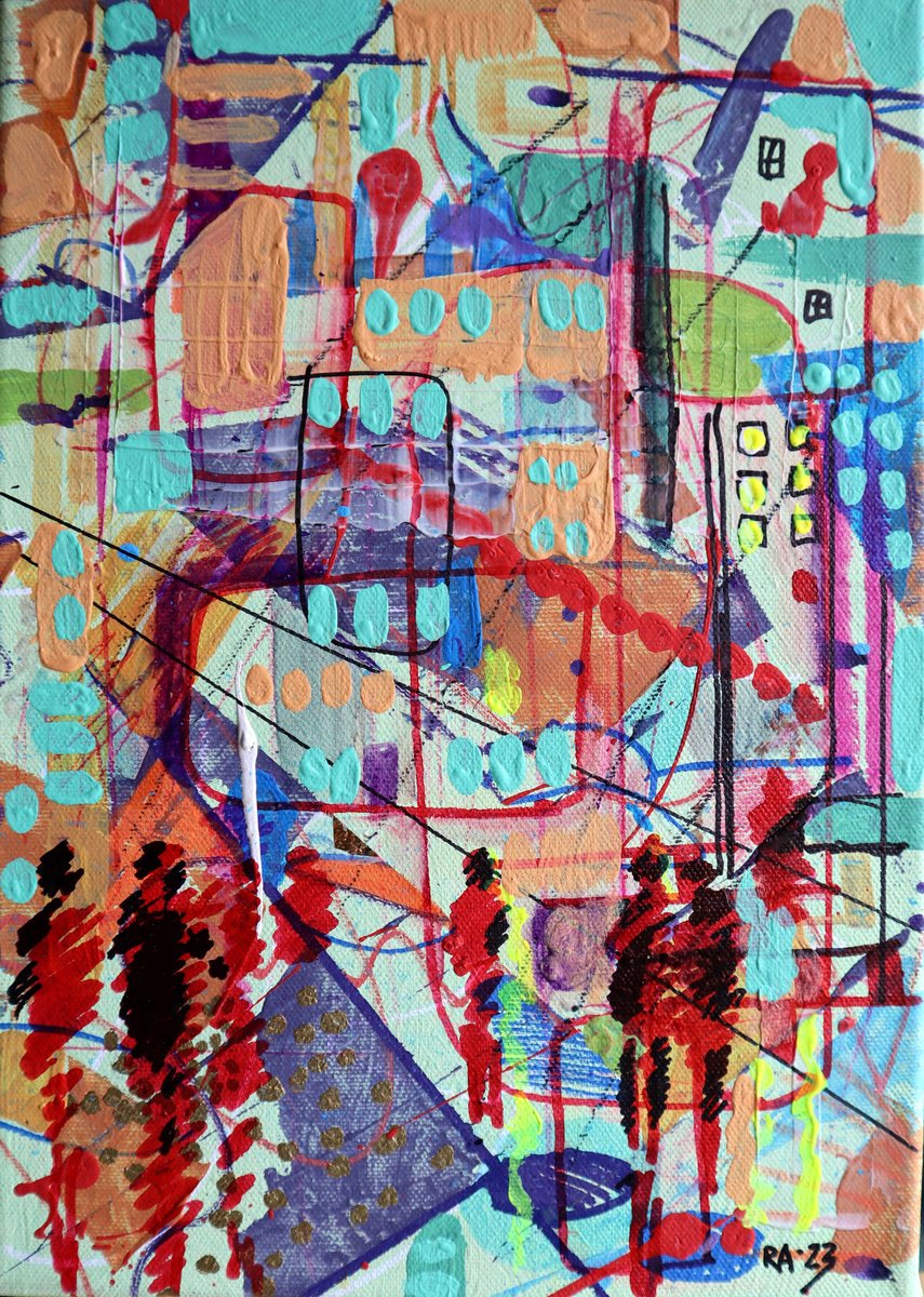 Abstract Cityscapes Acrylic Painting By Rakhmet Redzhepov, 8 X 11", City 13, Original Artwork