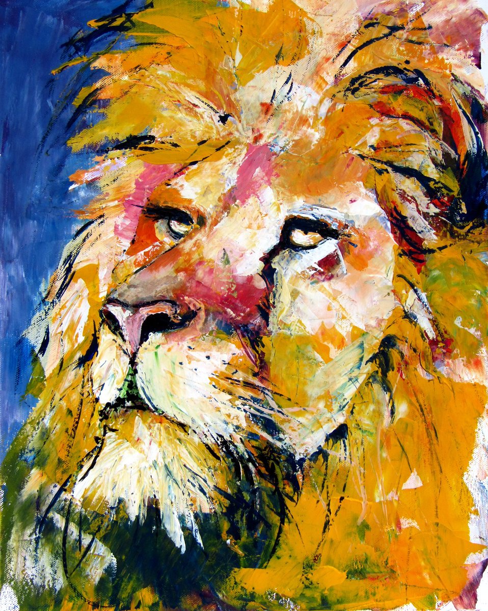 Abstract Animal Acrylic Painting By Kovacs Anna Brigitta, 16 X 20", Lion Resting, Original Artwork