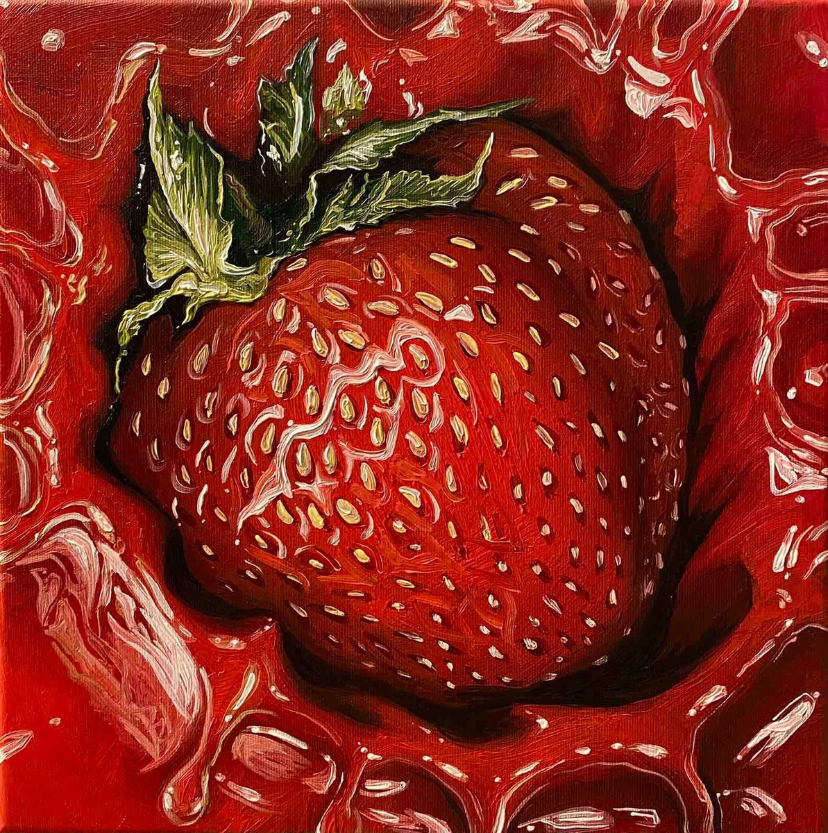 Photorealistic Still Life Oil Painting By Elena Adele Dmitrenko, 12 X 12, Strawberry, Original Artwork