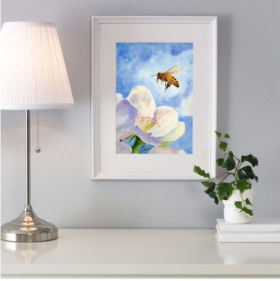 Bee and Flowers  - Bumble Bee - Honey Bee - Flying bee - Lovely Bee - insect art - garden