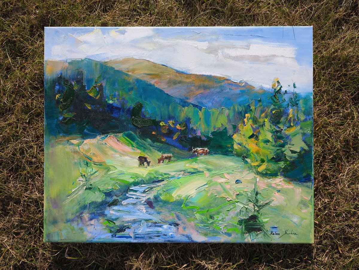 Impressionistic Landscape Oil Painting By Helen Shukina, 20 X 16, Among The Mountains . Cows, Original Artwork