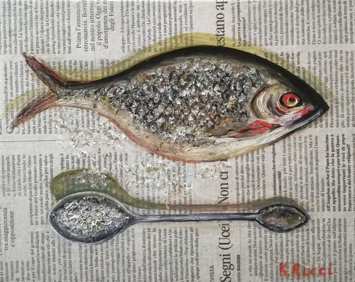 Fishy Dinner - Original Oil on Canvas Board 10 by 8" (25x20 cm) by Katia Ricci
