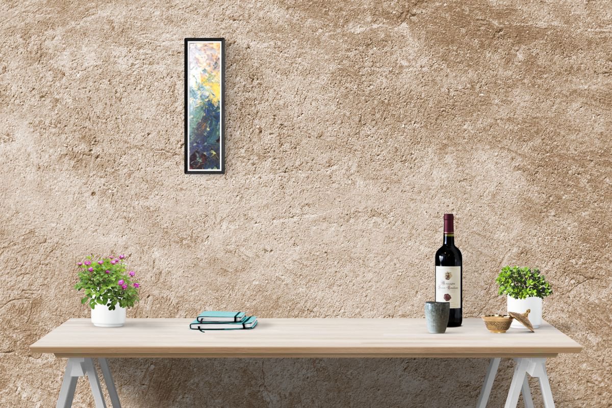 Abstract Landscape Oil Painting By Saroja Van Der Stegen, 5 X 16", Blue Forest I (Ref#:500-H), Original Artwork