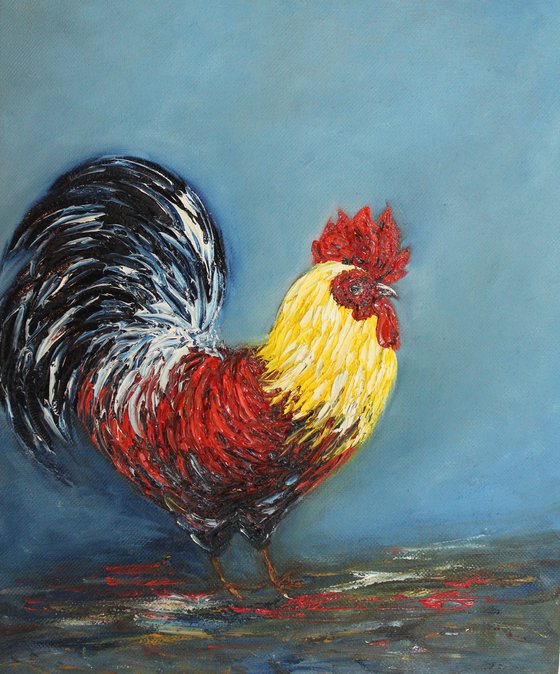 Mr.Roo - Rooster series, Cock painting - Oil painting on canvas board- Bird art - textured bird artwork