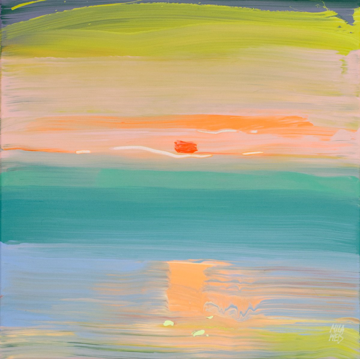 Impressionistic Landscape Acrylic Painting By Mila Weis, 24 X 24", Sunrise Colors Nr.2, Original Artwork
