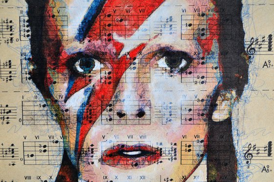 David Bowie Ziggy Stardust - Collage Art on Real Vintage Sheet of Guitar Chords Page