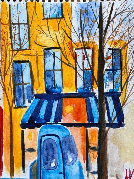 Car Painting Lorry Original Art Blue Truck Watercolor Artwork Cityscape Home Wall Art 8 by 12" by Halyna Kirichenko