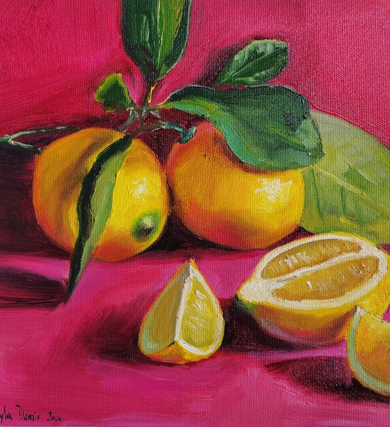 Lemon fruit on bright pink still life oil painting realistic citrus wall decor