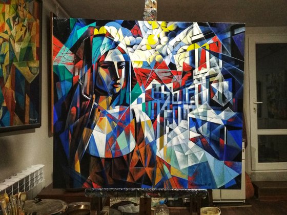 Waiting (90x80cm, cubism, oil painting, ready to hang)