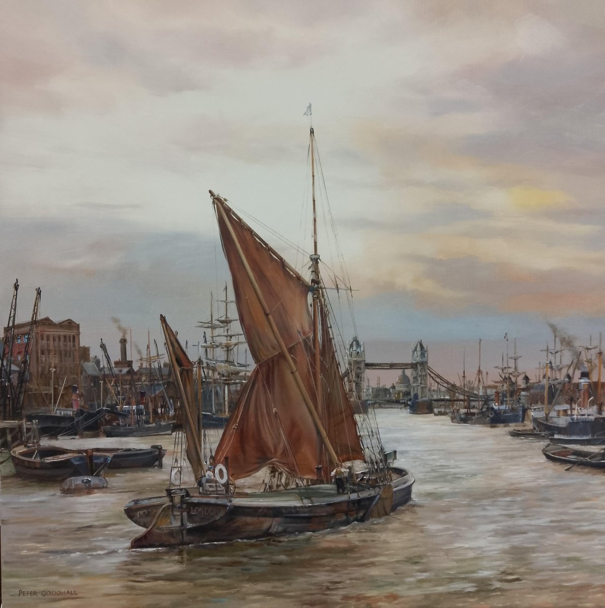 Cityscapes Oil Painting By Peter Goodhall, 21 X 21", Shipping On The River Thames, London C.1900, Original Artwork