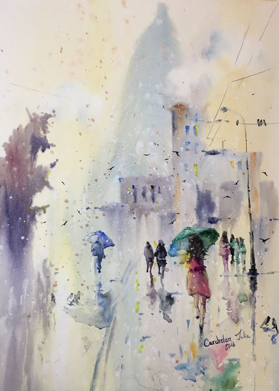 Watercolor "Walking through the rain”