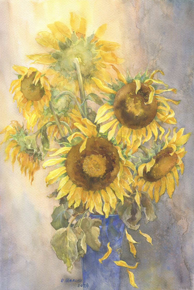 Impressionistic Botanical Watercolour By Olha Malko, 15 X 22", Withering In Waiting, Original Artwork