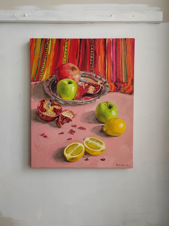 Lemon, apple and pomegranate fruit still life original oil painting 16x20''
